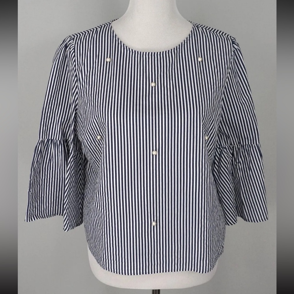 ZARA BASIC Blue White Striped Poplin 3/4 Bell Sleeve Pearl Top Size XL, EUC
